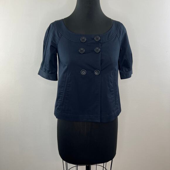 THEORY Navy Blue Short Sleeve Scoop Neck Button Jacket with Pockets Size 2 - Picture 3 of 11